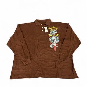 Y2K Ed Hardy Death Before Dishonor Polo Longsleeve shirt brown Tattoo Goth